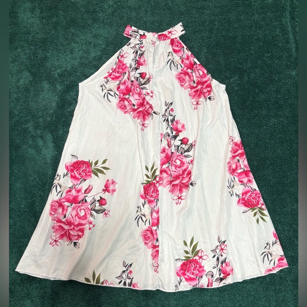 White Halter Floral Maxi Dress with Pink Roses